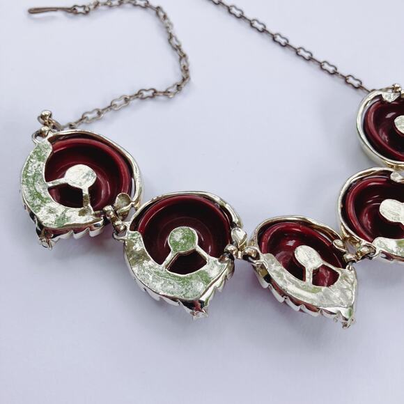 Vintage Mid Century Gold Tone Necklace Brown Cabochons Prong Set Rhinestones - Picture 10 of 16